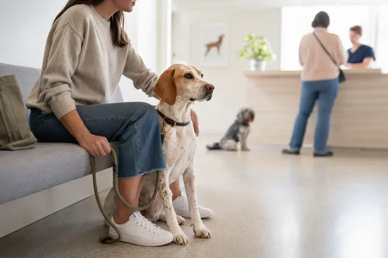 Ein Französischer Weiß-Oranger Laufhund sitzt ruhig neben seinem Besitzer im hellen Wartezimmer einer modernen Tierarztpraxis.